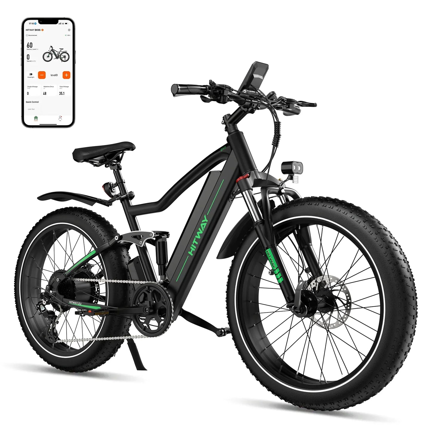 HITWAY BK9S Fat-Tyre Electric Bike with APP – 48V 15Ah, 26×4.0