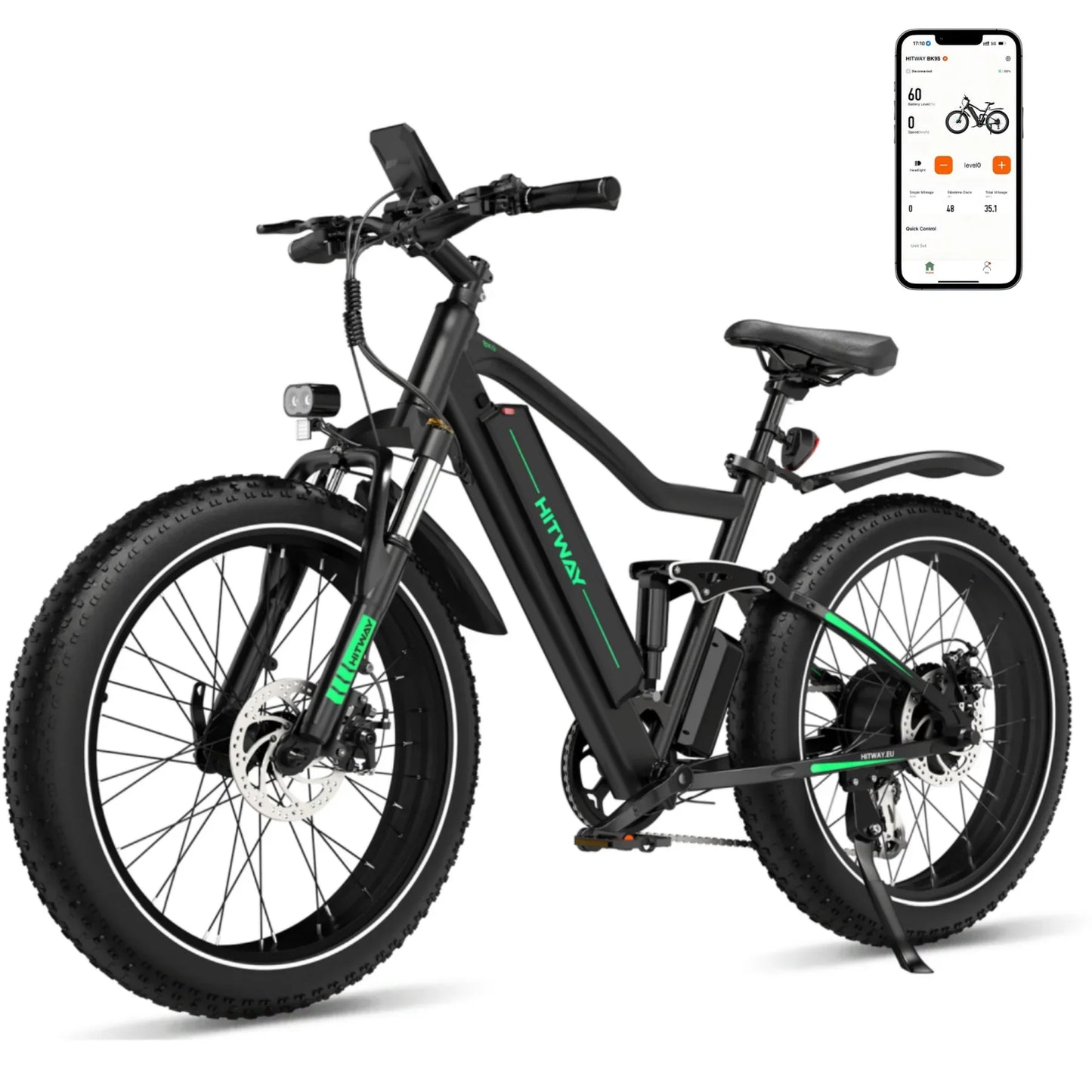 HITWAY BK9S Fat-Tyre Electric Bike with APP – 48V 15Ah, 26×4.0